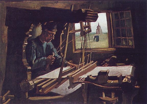 Vincent van Gogh: Tessitore, con vista della Torre di Nuenen attraverso una finestra (1884)